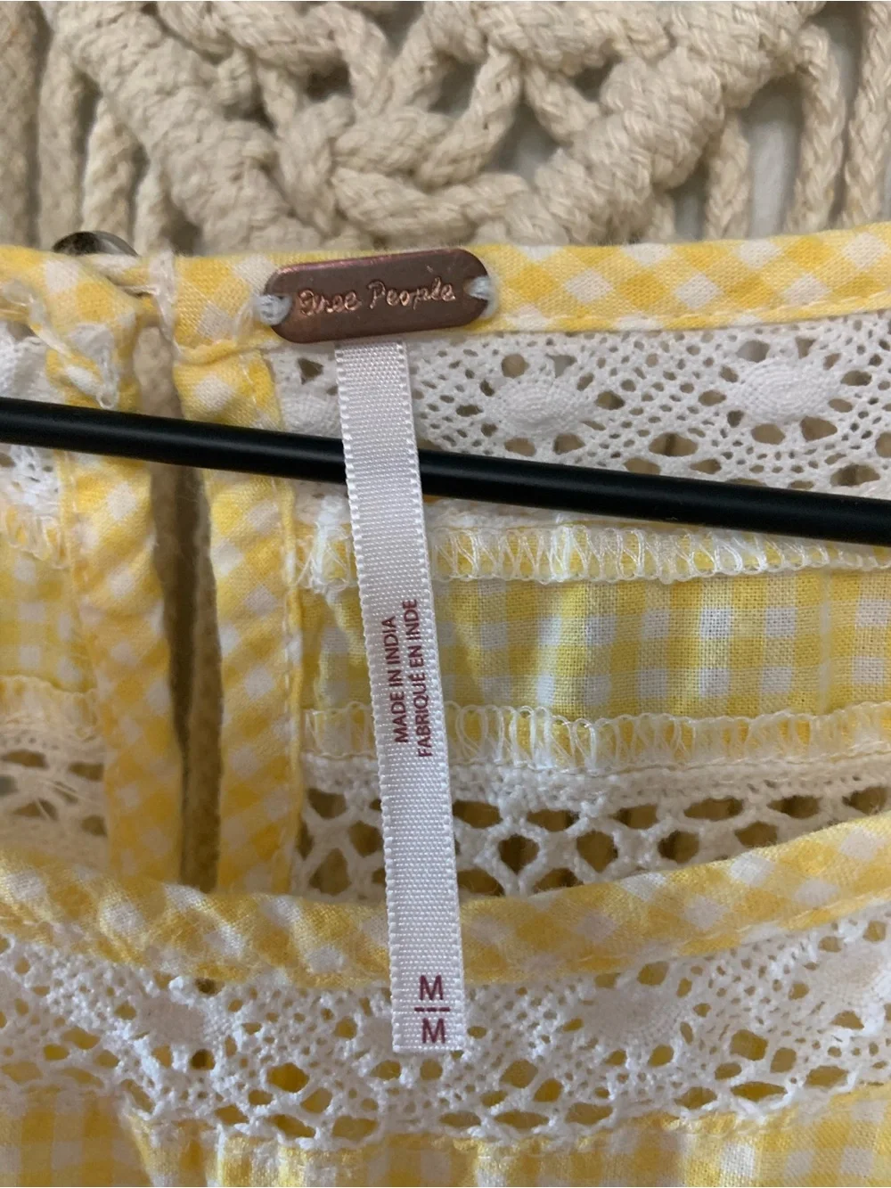 FREE PEOPLE Sunny Day Yellow Gingham Cotton Lace Dress Medium - Picture 9 of 10